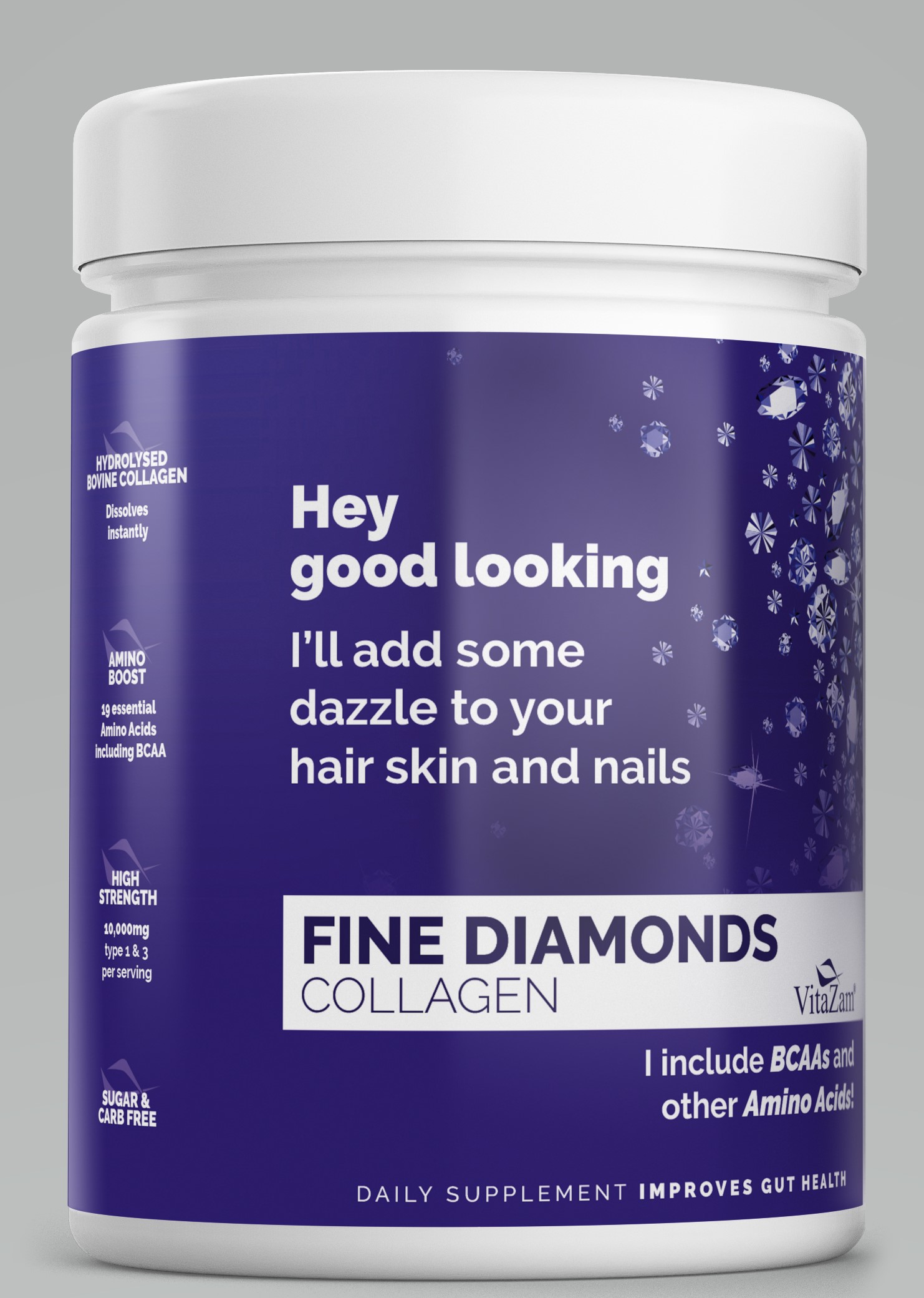 Fine Diamonds by VitaZam – Natural Bovine Collagen Powder Type 1 & 3 to Reduce Wrinkles, Strengthen Hair & Nails – 30 Days Supply